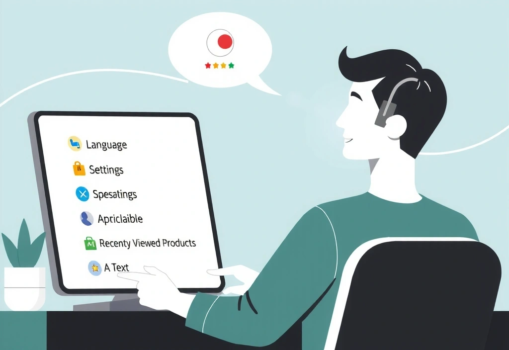 Ilustrație a unui utilizator care navighează pe un site web, cu elemente personalizate evidențiate, cum ar fi limba și produsele recente