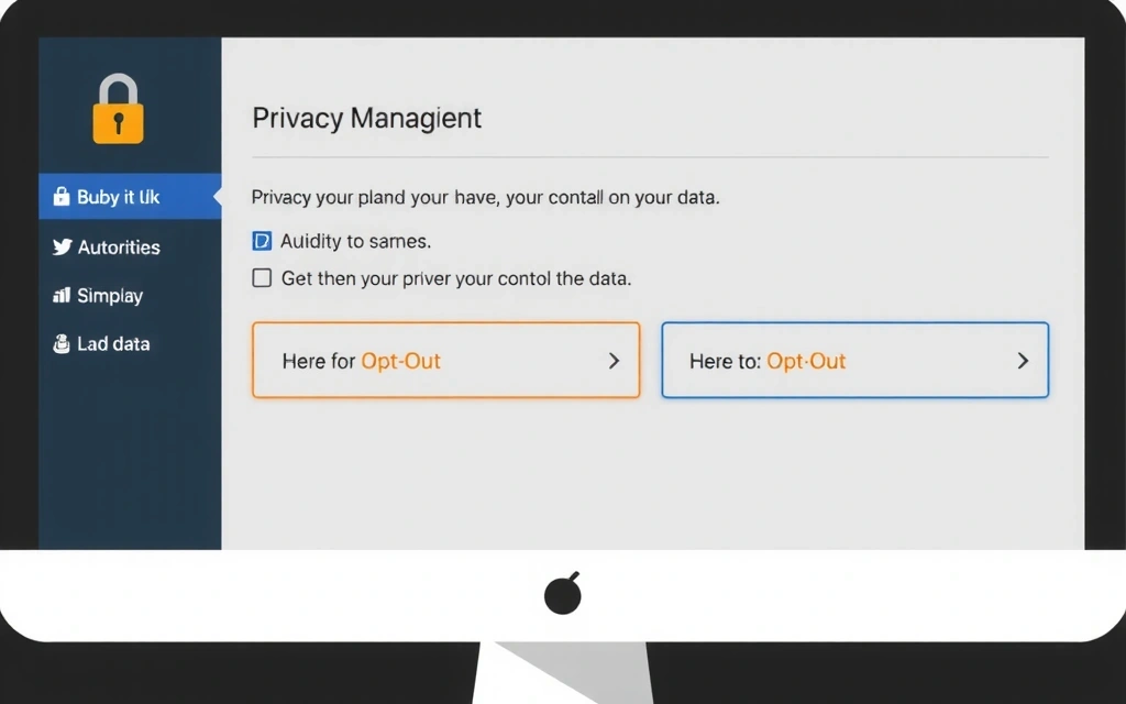Ilustrație a unui ecran de computer care afișează opțiuni de gestionare a confidențialității și butoane de opt-out