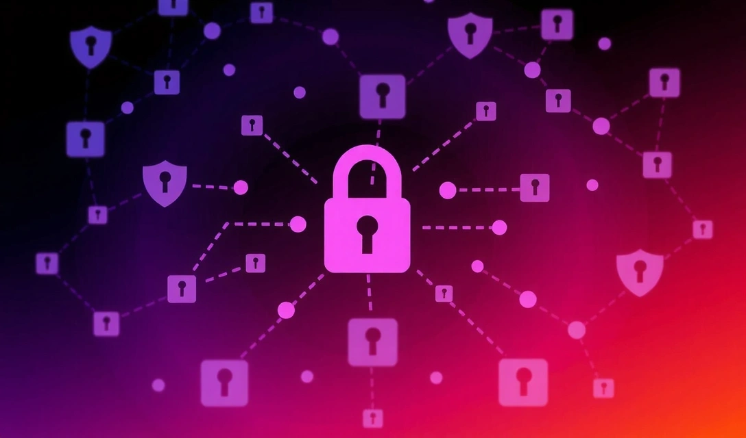 O ilustrație abstractă a unor date securizate, cu simboluri de lacăt și scuturi, reprezentând protecția confidențialității online.